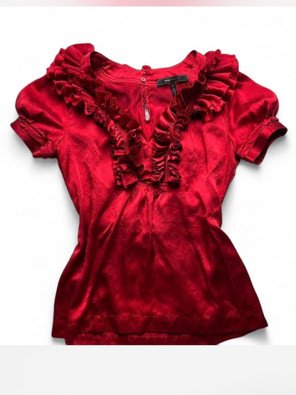 BCBGMaxAzria Red Ruffle V-Neck Blouse